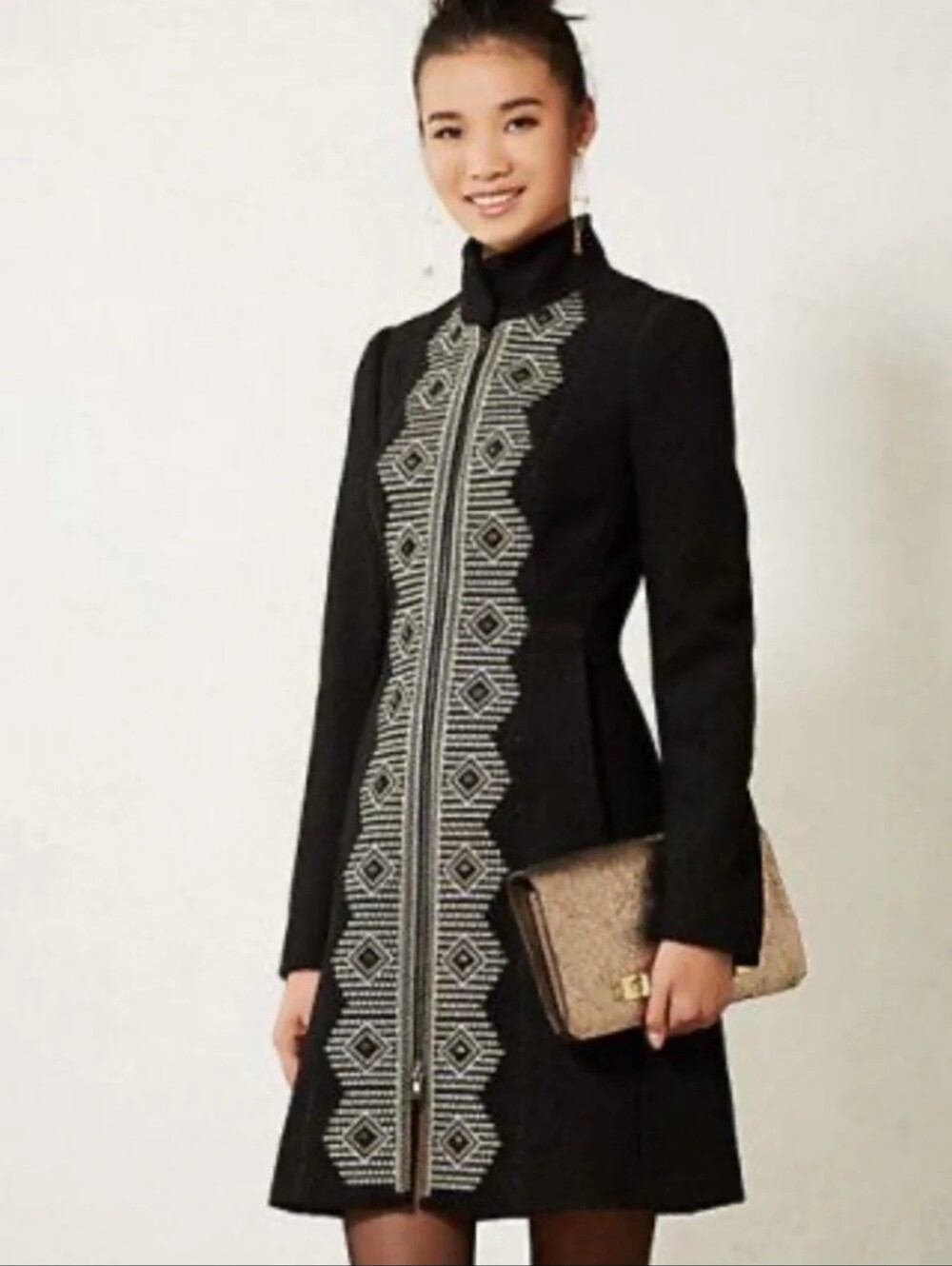 Anthropologie Tracy Reese Embroidered Princess Coat Black Wool Blend Size 8